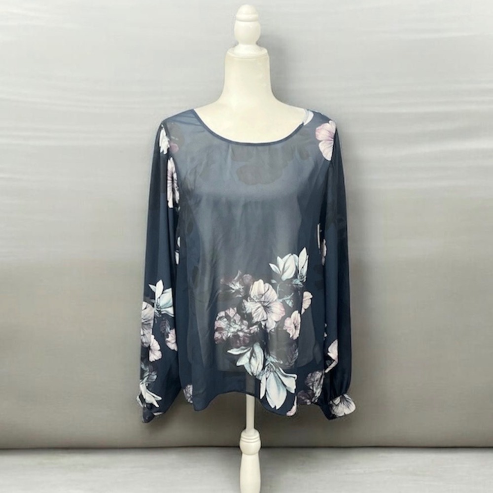 Hope & Harlow Floral Blouse XL Navy Sheer Chiffon Balloon Sleeve Boho